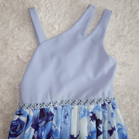 Girls Size 8 Xtraordinary Blue Asymmetrical Floral Sleeveless Maxi Spring Dress - Picture 2 of 5